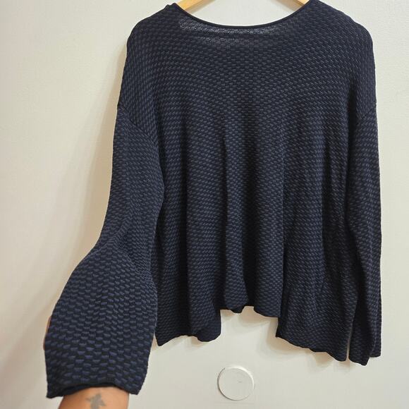 EILEEN FISHER Women Boxy Oversized Lagenlook Open Back Knit Sweater M Blue Black - Picture 2 of 11